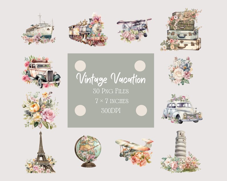 May include: A set of 30 vintage vacation themed digital illustrations. The illustrations include a cruise ship, a train, a plane, a car, a globe, the Eiffel Tower, the Leaning Tower of Pisa, and floral bouquets. The illustrations are in watercolor style and are perfect for scrapbooking, card making, and other creative projects.
