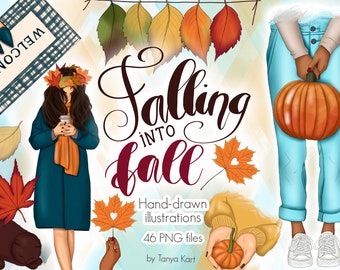 Thanksgiving höstflickor clipartpaket - höstpumpor, löv, PNG digital nedladdning för inbjudningar, scrapbooking och sublimering