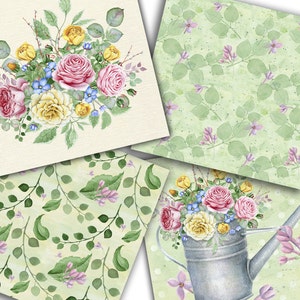 May include: Four digital paper designs featuring watercolor illustrations of pink and yellow roses, green leaves, and small pink flowers. The designs are perfect for scrapbooking, card making, and other paper crafts.