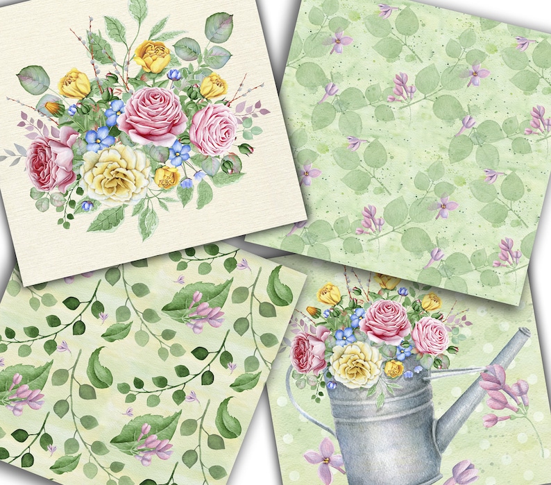 May include: Four digital paper designs featuring watercolor illustrations of pink and yellow roses, green leaves, and small pink flowers. The designs are perfect for scrapbooking, card making, and other paper crafts.