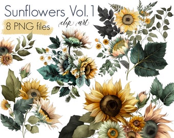 Sunflowers Clipart, Summer Design, Floral Wedding Png, Digital Illustration, Watercolor Elements, Sunflower Drawing, Botanical Image Art