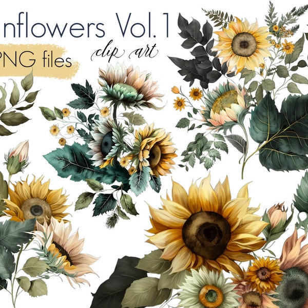 Sunflowers Clipart, Summer Design, Floral Wedding Png, Digital Illustration, Watercolor Elements, Sunflower Drawing, Botanical Image Art