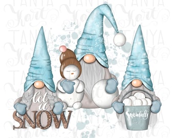 Christmas Gnomes Png for Sublimation, Winter Snow Gnomes Png Instant Download,  Let It Snow Png, Blue White Nordic Gnomes Sublimation