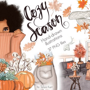 May include: Cozy Season hand-drawn illustrations, 37 PNG files. A digital illustration of a woman with brown skin and curly black hair peeking out from behind a peach-colored sweater. The woman is surrounded by fall-themed elements, including pumpkins, leaves, and cotton. The text "Cozy Season" is written in a decorative font.