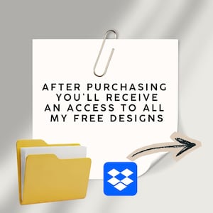 Peut inclure: Un post-it blanc avec le texte "AFTER PURCHASING YOU'LL RECEIVE AN ACCESS TO ALL MY FREE DESIGNS" est maintenu par un trombone argent&eacute;. Un dossier jaune, le logo Dropbox et une fl&egrave;che sont &eacute;galement dans l'image.