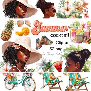 May include: A digital clip art set featuring illustrations of tropical flowers, butterflies, palm trees, a beach scene, a bicycle, a beach chair, a sandcastle, a seagull, a pineapple, an orange, sunglasses, and a woman with dark skin wearing a hat and sunglasses. The text "Summer cocktail Clip art 52 png by Tanya Kart" is included in the image.