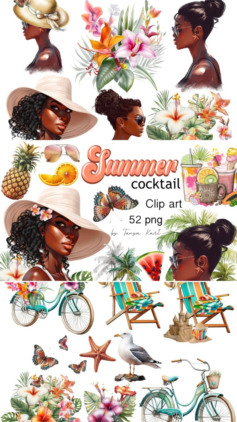 May include: A digital clip art set featuring illustrations of tropical flowers, butterflies, palm trees, a beach scene, a bicycle, a beach chair, a sandcastle, a seagull, a pineapple, an orange, sunglasses, and a woman with dark skin wearing a hat and sunglasses. The text "Summer cocktail Clip art 52 png by Tanya Kart" is included in the image.