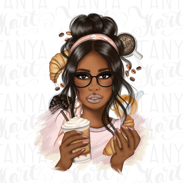 Png File, Digital Graphics, Girl With Coffee, African American Art, Afro Girl, Stylish Girl Drawing, Coffee Time, Fashion Illustration