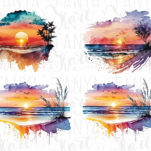 Sunset Png Clipart, Watercolor Beach, Digital Download, Colorful Background, Beach Life Png, Ocean Sunset Png, Retro Sunset Png