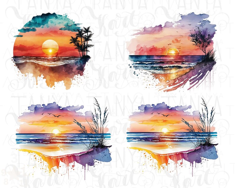 Sunset Png Clipart, Watercolor Beach, Digital Download, Colorful Background, Beach Life Png, Ocean Sunset Png, Retro Sunset Png