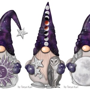 May include: Three gnomes with purple galaxy hats and white beards. The gnome on the left is holding a silver sun with a face. The gnome in the middle is holding a silver owl. The gnome on the right is holding a silver moon.