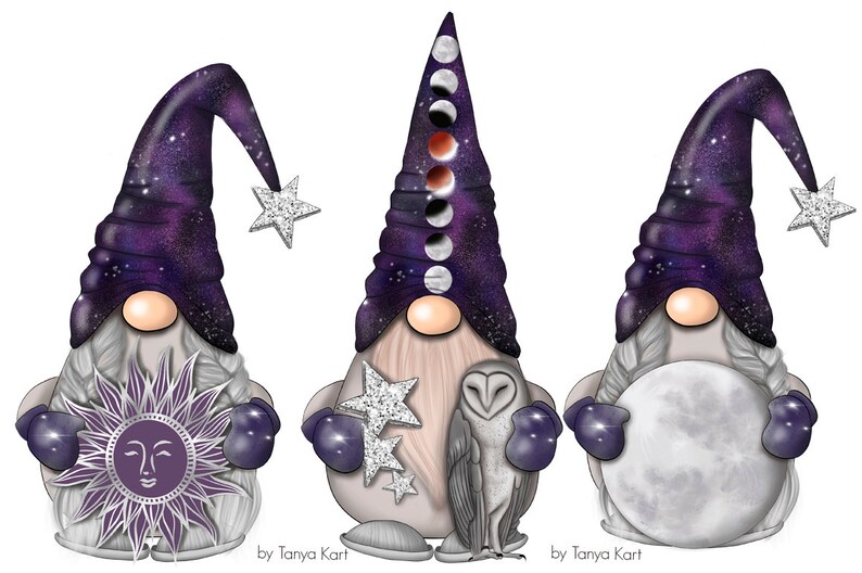 May include: Three gnomes with purple galaxy hats and white beards. The gnome on the left is holding a silver sun with a face. The gnome in the middle is holding a silver owl. The gnome on the right is holding a silver moon.