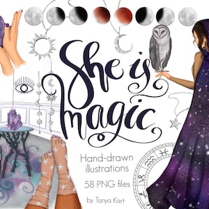 Celestial Magic Clipart, Astrology Planner Graphics, Galaxy Stars, Amethyst Crystal, Witchy Galaxy PNG for Sublimation and Commercial Use