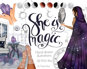 Celestial Magic Clipart, Astrology Planner Graphics, Galaxy Stars, Amethyst Crystal, Witchy Galaxy PNG for Sublimation and Commercial Use