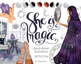 Celestial Clipart: Witchy Galaxy, Astrology Planner Graphics (58 PNG)