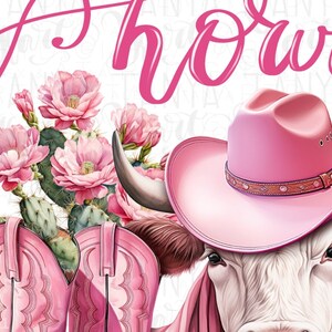May include: A pink cowboy hat with a brown band sits on the head of a white cow with pink ears and a pink nose. The cow is surrounded by pink cactus flowers and pink cowboy boots.