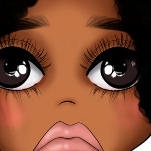 Puede incluir: Primer plano de una ilustraci&oacute;n de dibujos animados de una persona con piel marr&oacute;n, ojos grandes con pesta&ntilde;as largas y labios rosados. La persona tiene un peinado afro corto y rizado.