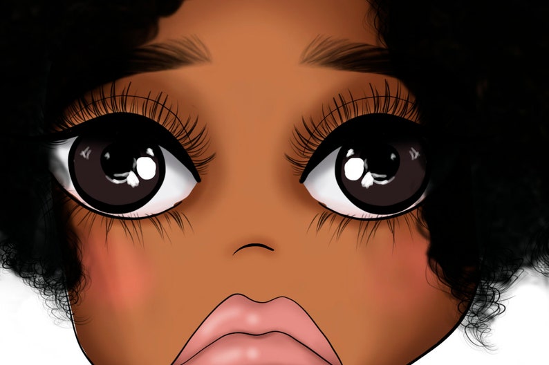 Puede incluir: Primer plano de una ilustraci&oacute;n de dibujos animados de una persona con piel marr&oacute;n, ojos grandes con pesta&ntilde;as largas y labios rosados. La persona tiene un peinado afro corto y rizado.