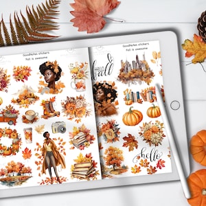 May include: Two sheets of stickers with a fall theme. The stickers feature pumpkins, leaves, books, a woman with curly hair, and the words "hello fall".