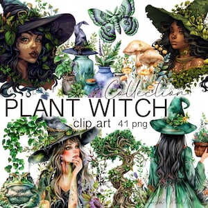 Paquete de imágenes prediseñadas de bruja verde en acuarela, efímera digital de descarga instantánea, pegatinas de brujas, conjunto de plantas, flores, hongos PNG, fantasía