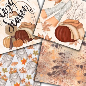 May include: A collage of fall-themed illustrations. One image features the text "Cozy Season" with a pumpkin, leaves, and a lamp. Other images show a pumpkin with blankets, fall leaves, and a pair of legs in socks.