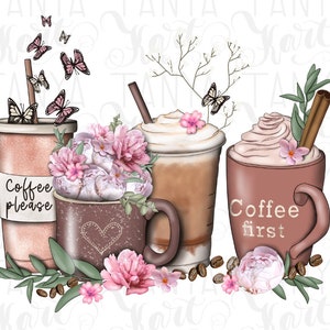 Tasses à café brunes Png en téléchargement numérique, café et fleurs, graphiques de papillons, amateur de café Png, sublimation de café, image de café s'il vous plaît