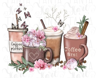 Tasses à café brunes Png en téléchargement numérique, café et fleurs, graphiques de papillons, amateur de café Png, sublimation de café, image de café s'il vous plaît