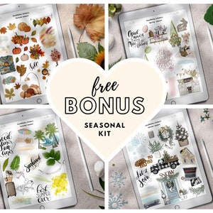 Pu&ograve; includere: Quattro schermate di tablet digitale che mostrano disegni di adesivi colorati per ogni stagione: autunno, primavera, estate e inverno. Il testo "free bonus seasonal kit" &egrave; visualizzato a forma di cuore.