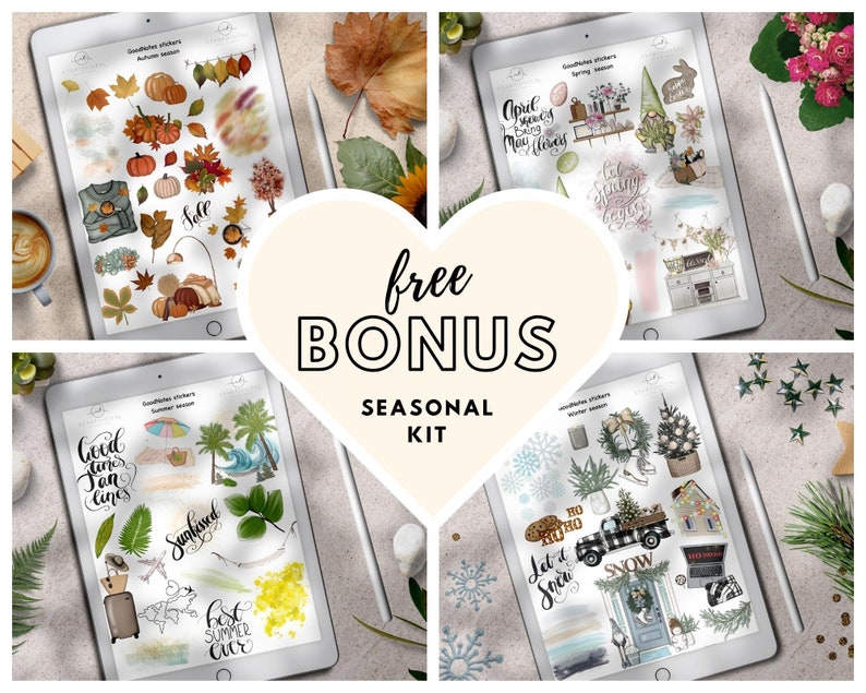 Pu&ograve; includere: Quattro schermate di tablet digitale che mostrano disegni di adesivi colorati per ogni stagione: autunno, primavera, estate e inverno. Il testo "free bonus seasonal kit" &egrave; visualizzato a forma di cuore.