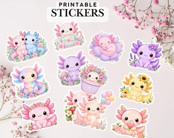 Niedliche Axolotl Aufkleber | Druckbares Kawaii Sticker Set | Axolotl PNG | Pastell Planer Dekor | 8,5x11 Herunterladen | Journal Sticker |