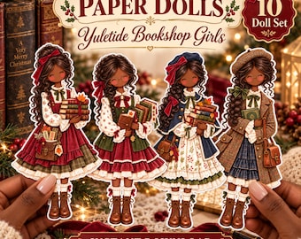 Yuletide Bookshop Girls Printable Paper Dolls | Christmas Paper Doll Set | Dark Skin Dolls | Bookish Junk Journal |Paper Craft PNG JPG Files