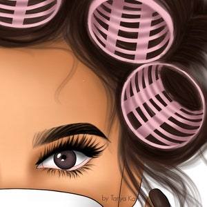 May include: A close-up of a woman's face with dark brown hair styled in pink rollers. Her eyes are highlighted with dark eyeliner and mascara. The woman is wearing a white face mask with the text "by Tanya Kay" printed on it.