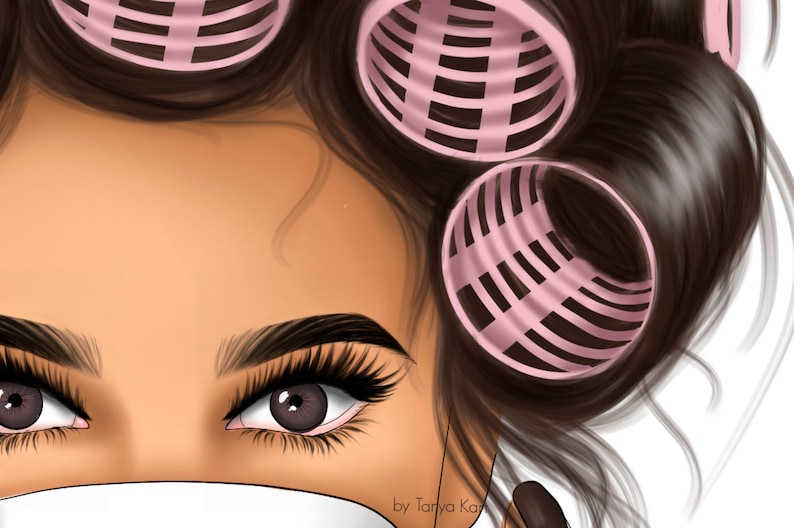 May include: A close-up of a woman's face with dark brown hair styled in pink rollers. Her eyes are highlighted with dark eyeliner and mascara. The woman is wearing a white face mask with the text "by Tanya Kay" printed on it.