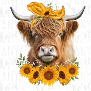 Cow With SunFlowers Png For Sublimation, Cow Png Design, Farm Animal Png, Highland Cow Png, Yellow Floral Cow Png Digital Downloads