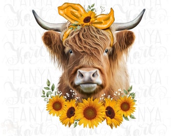 Floral Highland Cow PNG: Sunflower Sublimation Design (Digital Download)