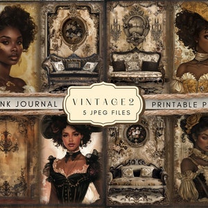 Melanine Woman Junk Journal Kit Art Deco afdrukbare, Afro-Amerikaanse vintage plakboekpapier, afdrukbare vintage pagina's, kortstondige collage