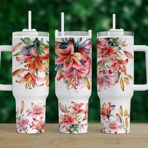 Pink Lilies Flowers 40oz Quencher Sublimation Tumbler Designs Downloads, Floral Wrap Tumbler Download instantâneo