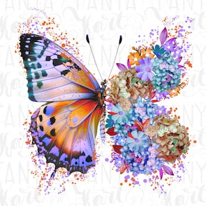 Blumen Schmetterling Png Sublimationsentwurf, Blumen Schmetterling Png digitaler Download, Schmetterling Aufkleber, Blumenmalerei, Frühling Digitalbild