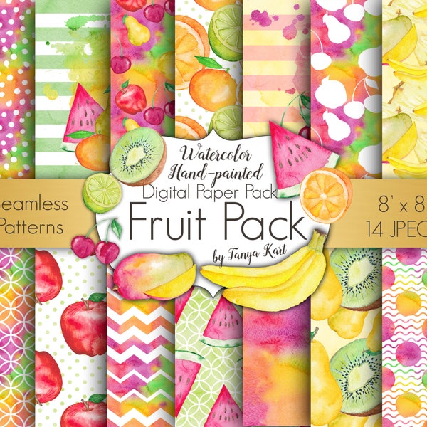 Fruit Digital Paper, Watercolor Paper, Planner Stickers, Colorful Paper, Bright Paper, Planner Sticker Pack, Summer Digital Paper