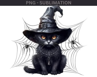 ハロウィンの黒猫魔女 PNG：蜘蛛の巣デザイン（デジタルダウンロード