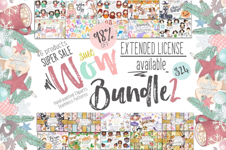 May include: A digital art bundle with various hand-painted cliparts and seamless patterns. The image features the text "WOW Bundle 2" and "SUPER SALE" with a 98% discount. The bundle includes 46 products and an extended license is available.