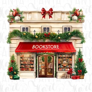 Ilustración invernal de librería (sublimación PNG) para amantes de la lectura, decoración navideña, regalo de escena invernal para amantes de la lectura, regalo literario para lectores.