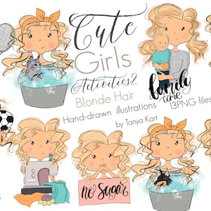 Planner Girl Clipart, icônes mignonnes en téléchargement numérique avec femme aux cheveux blonds, icônes pour le temps en famille et graphiques de fille de football, fournitures de planificateur bricolage