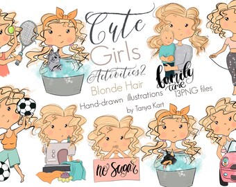 Clipart z dziewczyną z planera, cyfrowe pobieranie uroczych ikon z blond włosami, ikony czasu rodzinnego i grafiki dziewczyny z piłką nożną, materiały do samodzielnego planowania