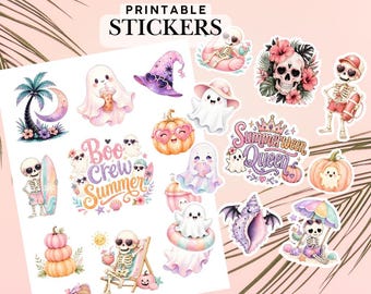 Summerween Niedliche druckbare Aufkleber | Druckbare Sommer Sticker Set | Halloween-Planer-Symbole PNG | Journal Aufkleber | Süßer Pastell Sticker