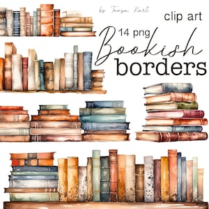 Vintage Bookshelf Clipart Bundle, Watercolor Books, Antique Book Stack PNG, Digital Download for Scrapbooking, Border Clipart