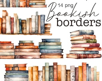 Vintage Bookshelf Clipart Bundle, Watercolor Books, Antique Book Stack PNG, Digital Download for Scrapbooking, Border Clipart