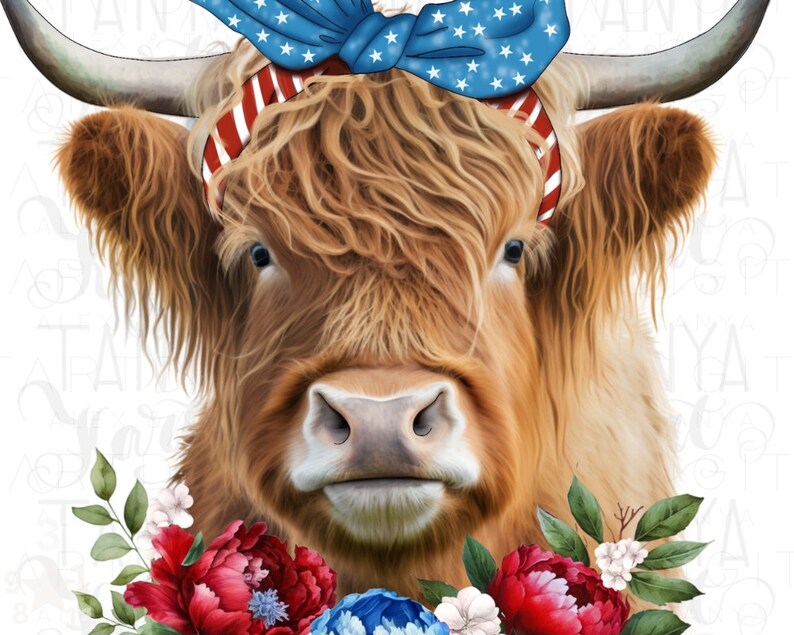 Op de afbeelding: Gedetailleerde illustratie van een Schotse Hooglandkoe met lange, ruige bruine vacht. De koe draagt een patriottische haarband met een blauwe strik met sterrenpatroon en rood-witte strepen. Rode en blauwe bloemen met groene bladeren omlijsten het gezicht van de koe.