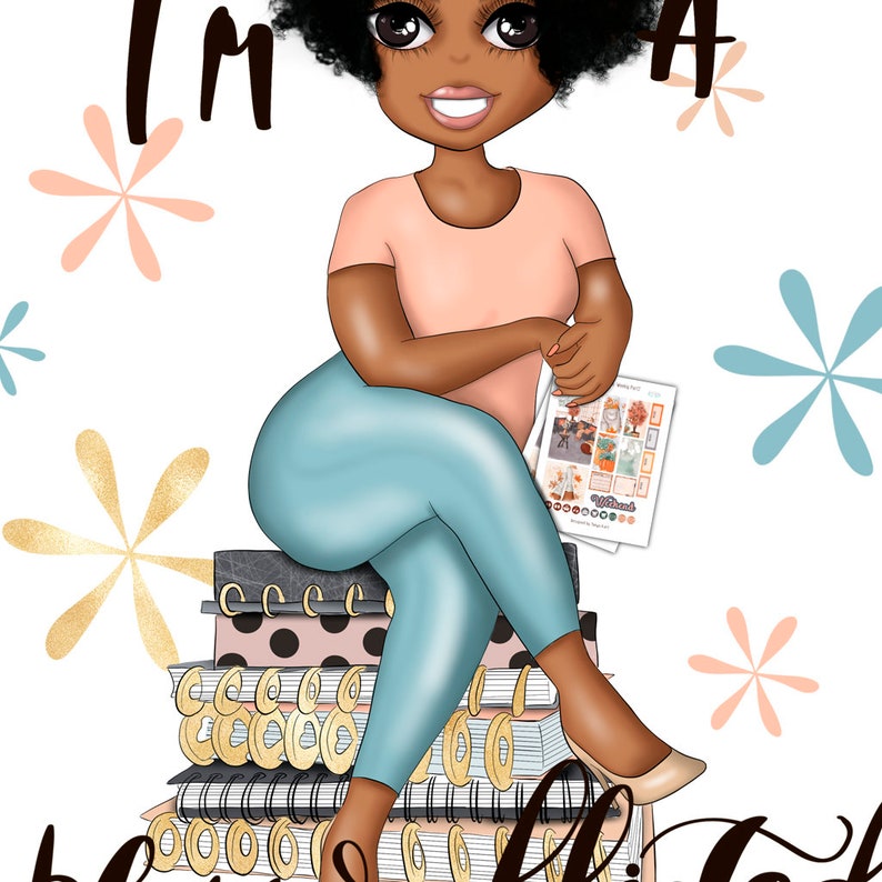 May include: A cartoon illustration of a Black woman sitting on a stack of colorful notebooks. She is wearing a pink shirt, blue jeans, and black heels. She is holding a sheet of paper with stickers on it. The text "I'm a" is above her head and the text "Planner" is below her feet.