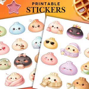 May include: Two sheets of printable stickers featuring various cartoon dumplings with diverse expressions and accessories, including headphones, sunglasses, scarves, and crowns, set against a gradient orange and pink background with a waffle.